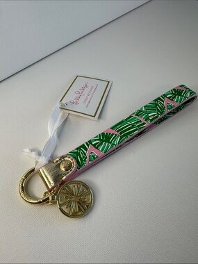 Lilly Pulitzer Green & Pink Palm Leaf Wristlet Key Fob with Gold Hardware